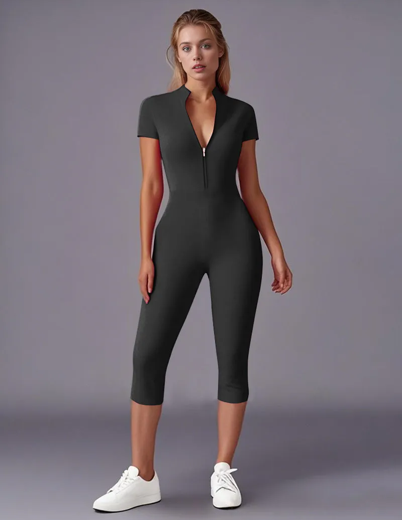 Athleisure Stretch Zip Front Jumpsuit
