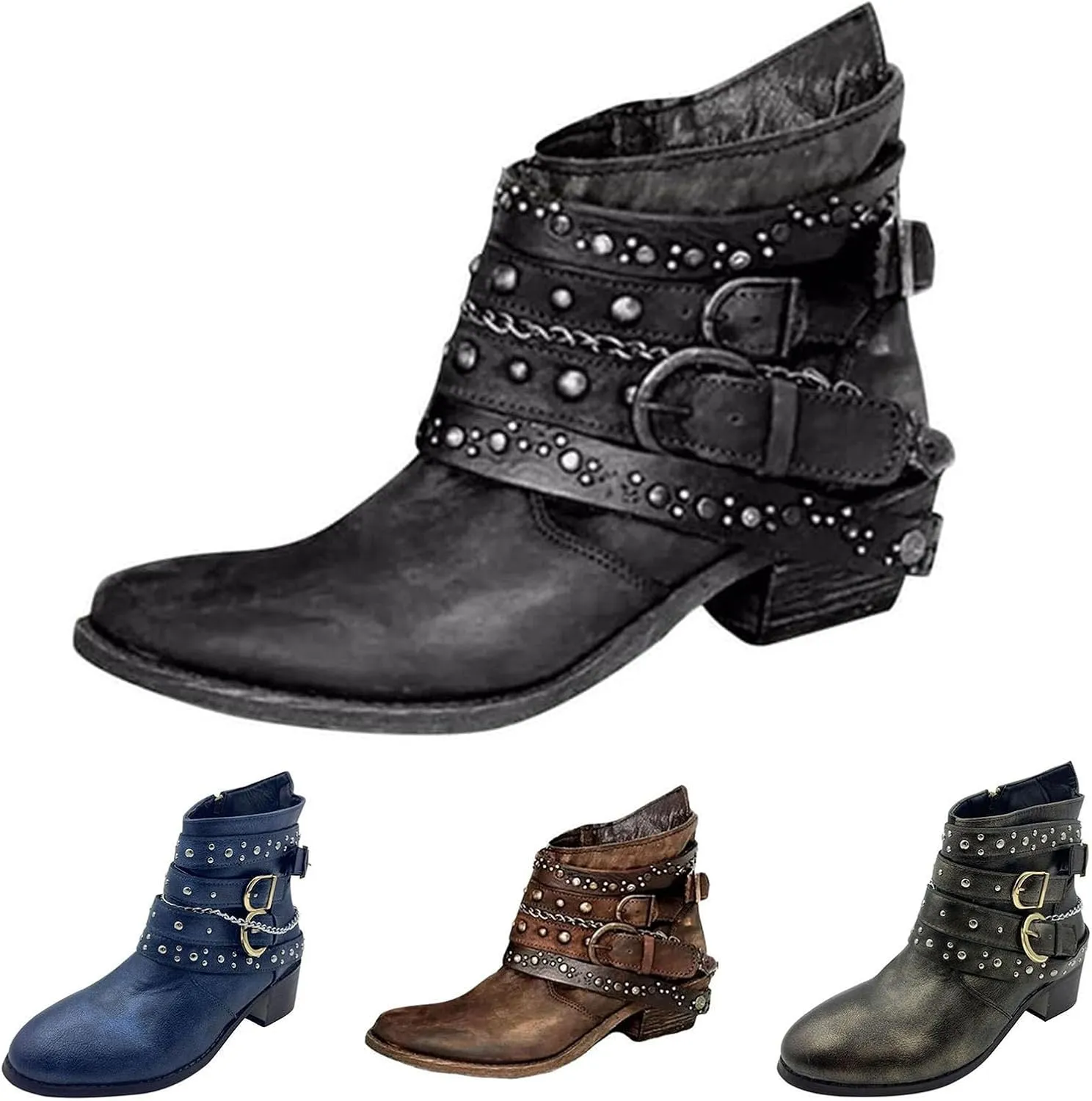 Black Boots for Women Ankle BootAnkle Booties for Women Flat Boots Women Womens Hiking Boot Flat Heel Closed Toe Chunky Block Heel Side Zipper Pointd Toe