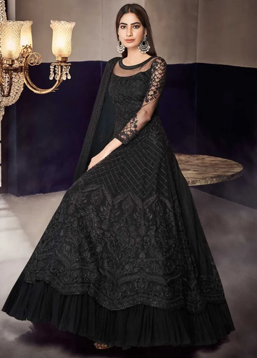 Black Designer Embroidered Anarkali Style Gown