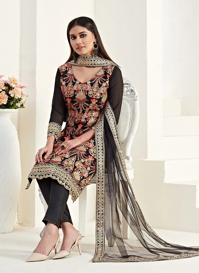 Black Multi Embroidered Pants Style Suit