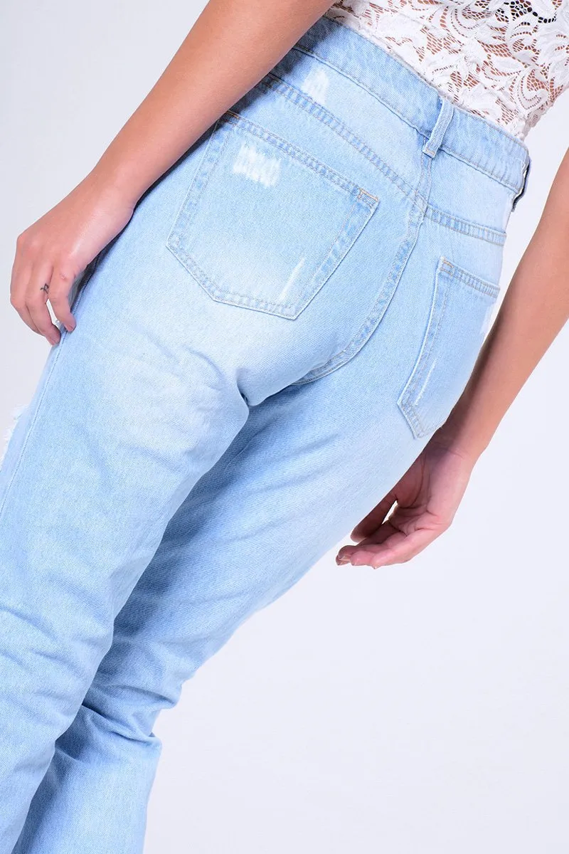 Blue Light Wash Ripped Thigh Detail Mom Jeans - Ashleigh