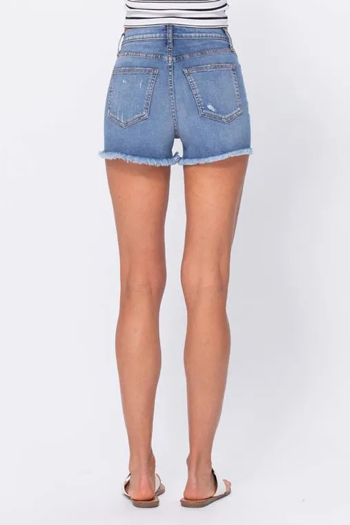 Distressed High Rise Shorts with Fray Hem