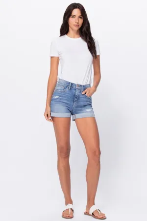 Distressed High Rise Shorts with Raw Cuff Hem