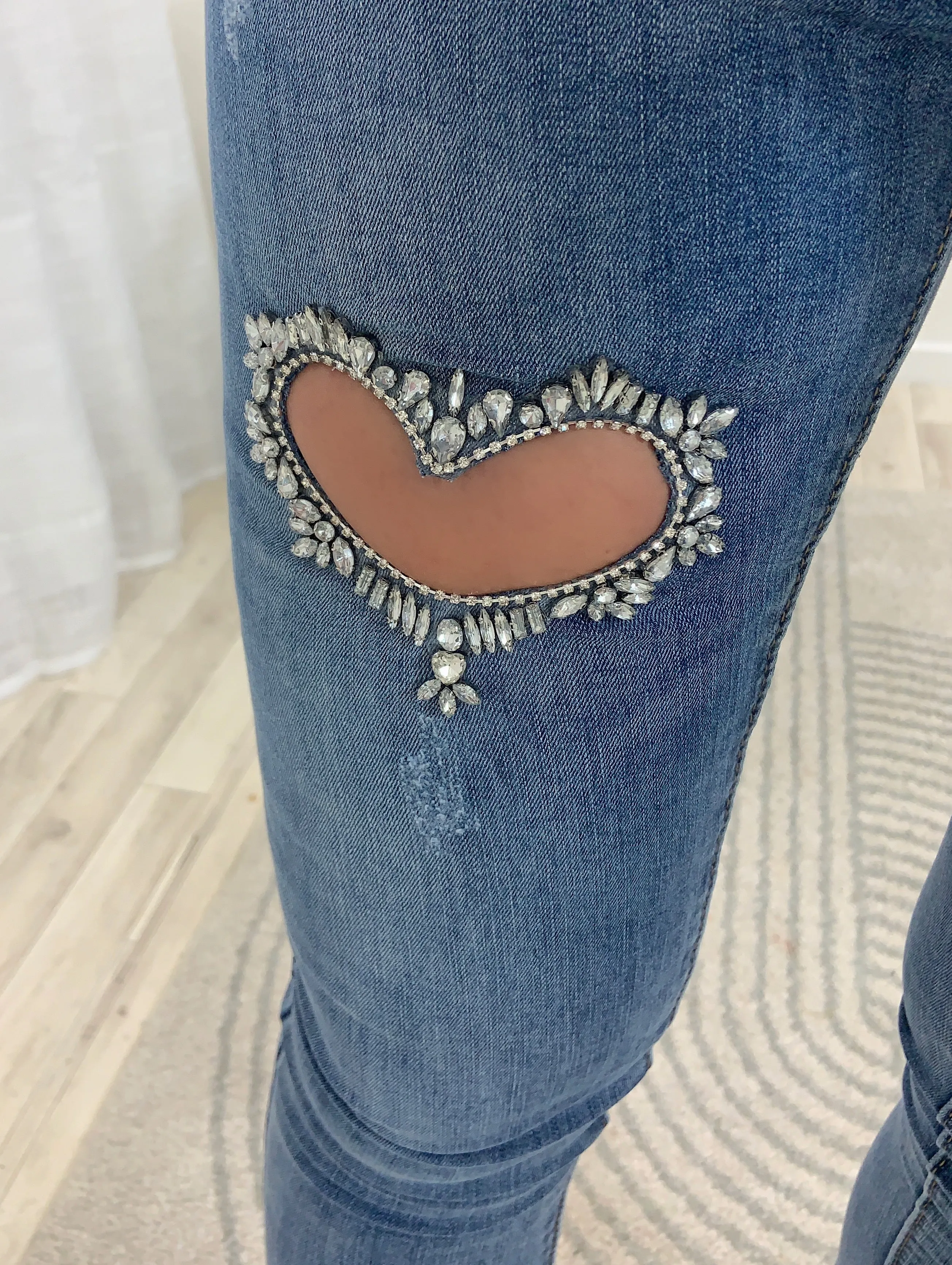 Gianna Blue Diamante Heart Embellished Distressed Denim Jeans