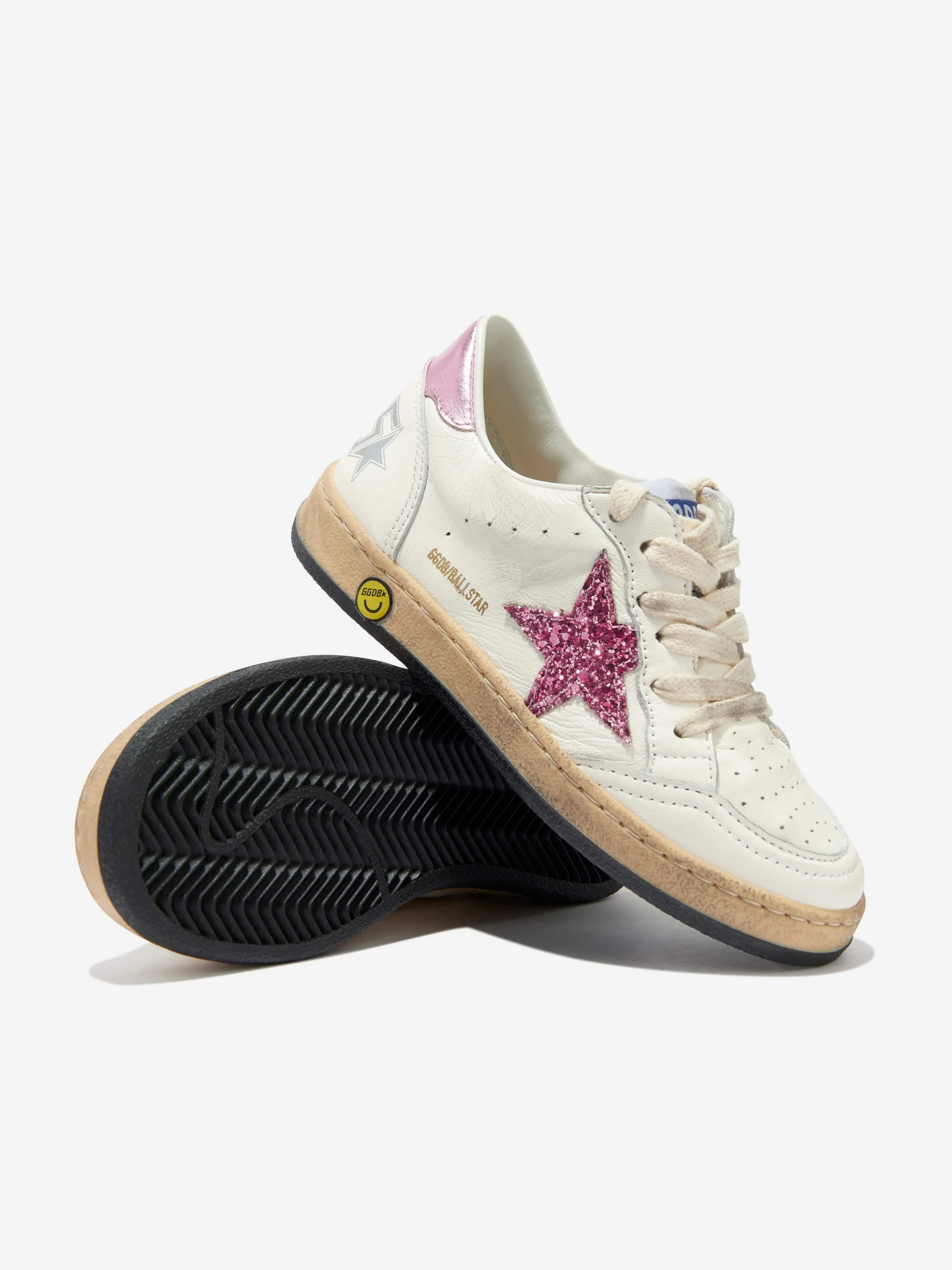 Golden Goose Kids Ballstar Leather And Glitter Star Trainers in White