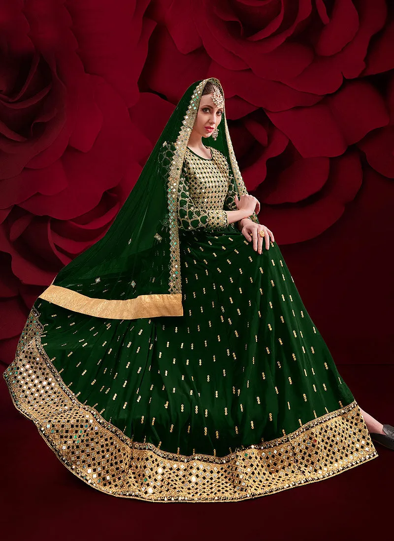 Green Golden Mirror Work Slit Style Anarkali Pant Suit