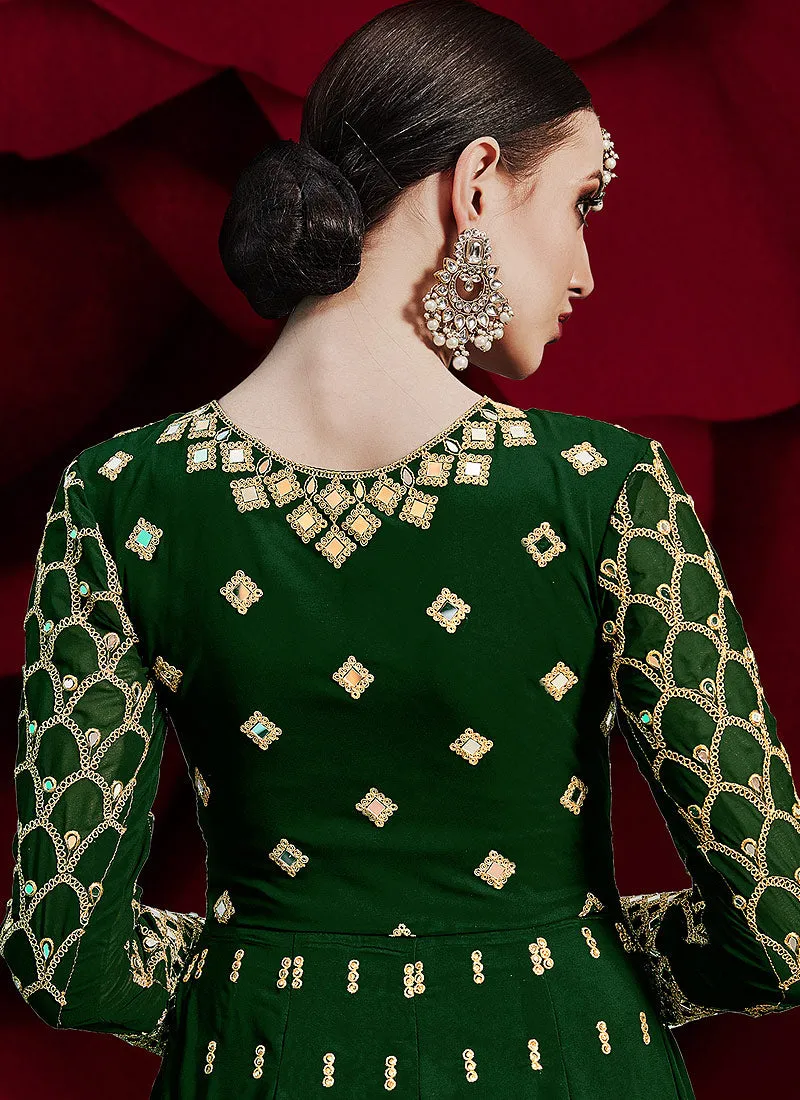 Green Golden Mirror Work Slit Style Anarkali Pant Suit