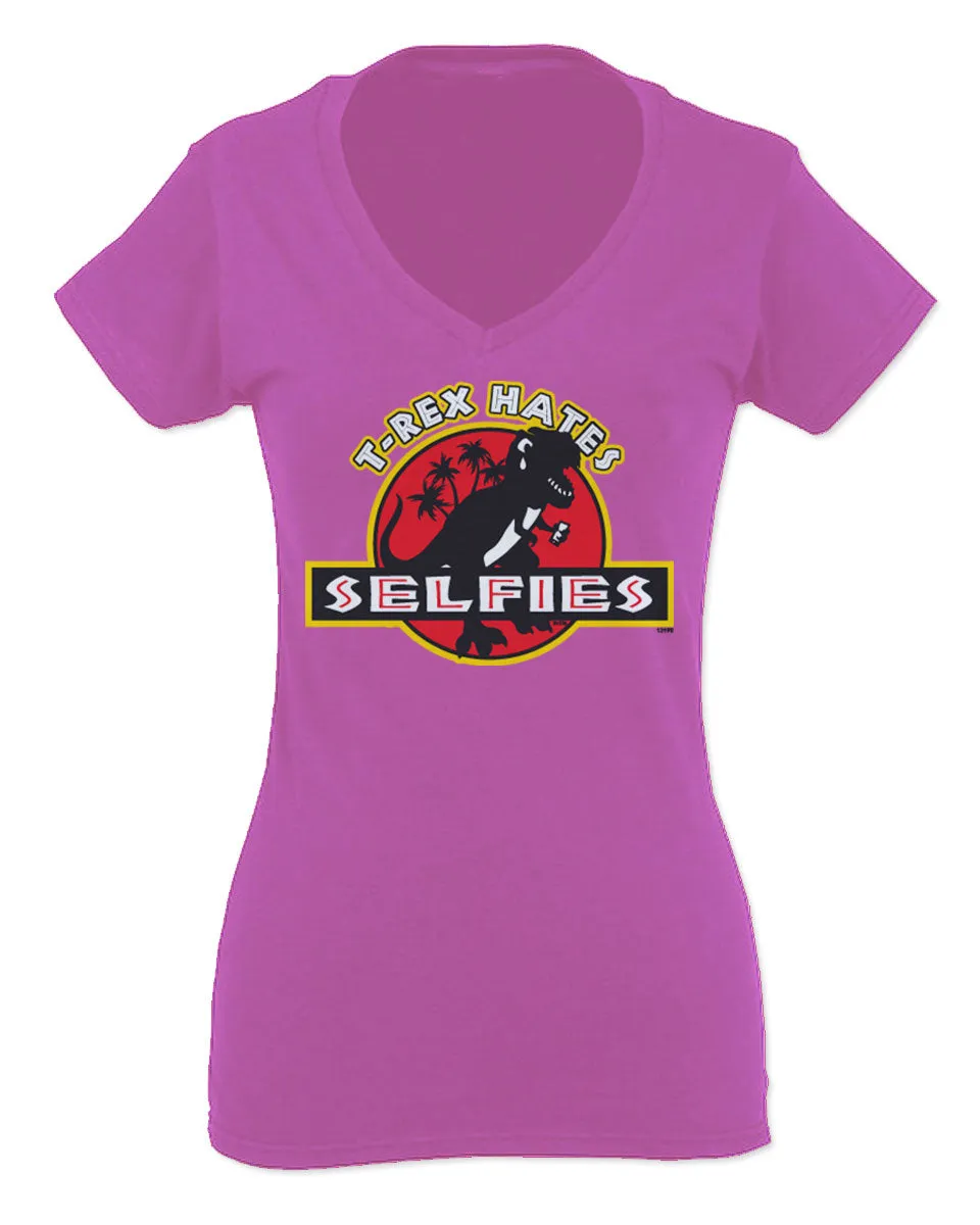 Hilarious Funny Cool Graphic T Rex Dinosaur Hates Selfies no Like For Women V neck fitted T Shirt