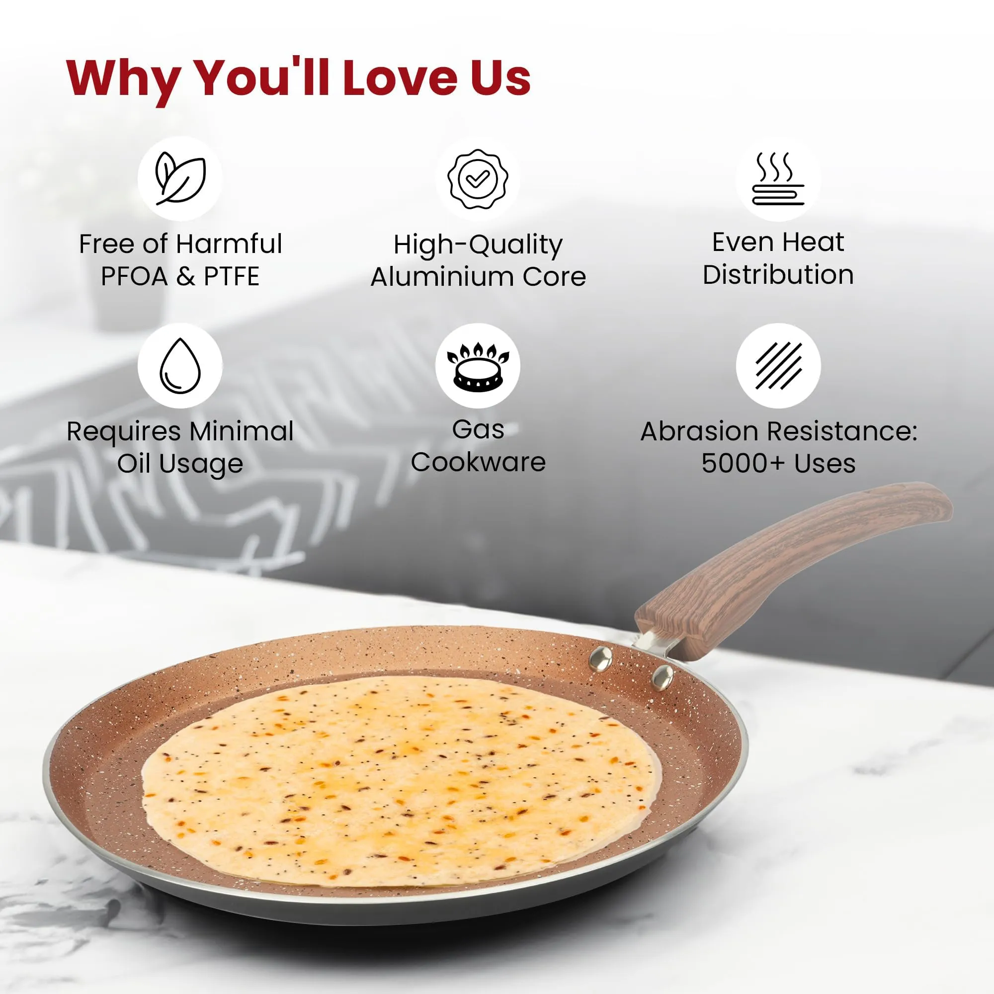 Kuber Industries Dosa Tawa Non Stick Pan with Revivted Bakelite Handle | High Grade Aluminium Induction Tawa Pan | Scratch Resistant, Gas Stove & Induction Compatiable | Golden