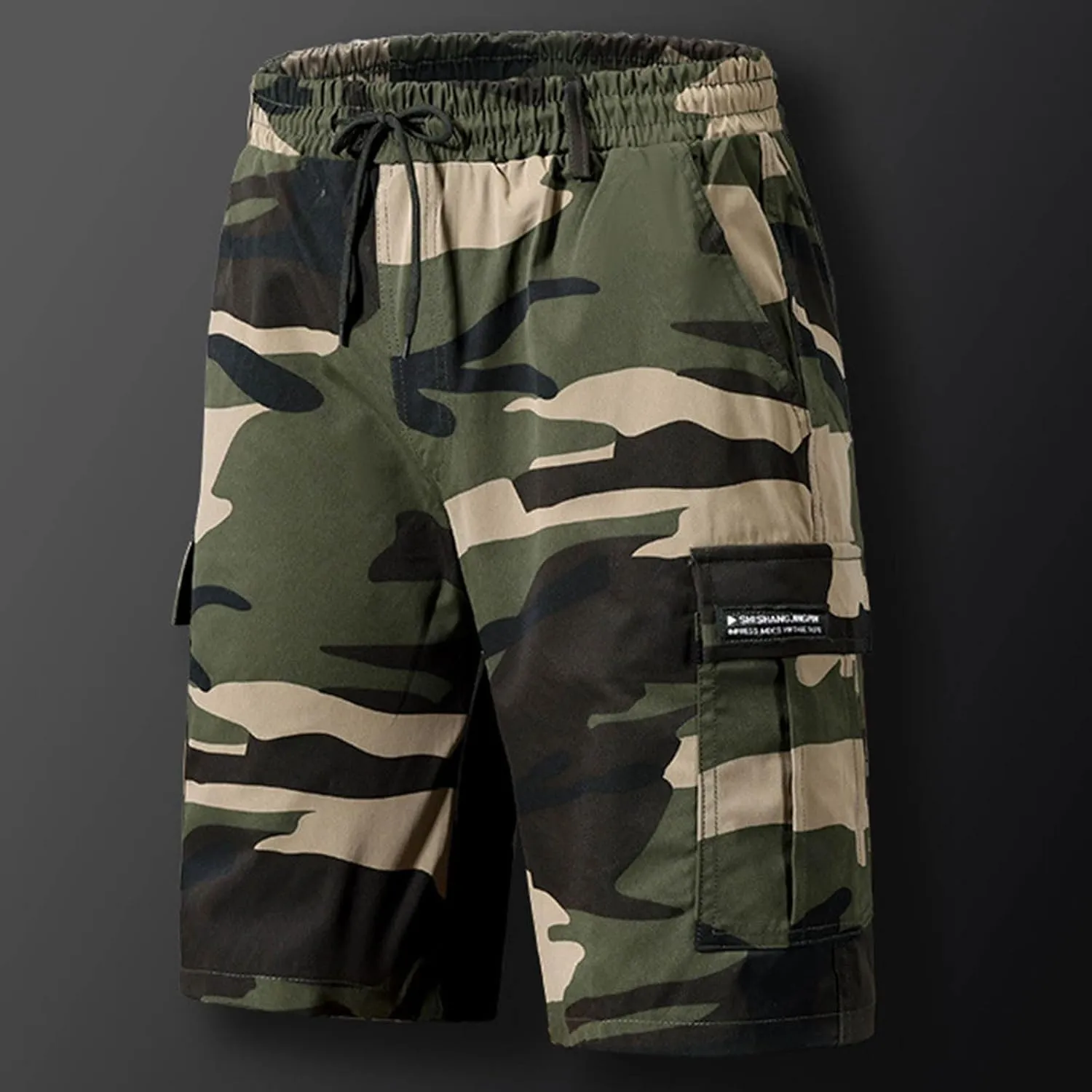 Mens Camo Shorts Lightweight Summer Elastic Drawstring Waist Cargo Pants Loose Hiking Shorts with Multi Pockets