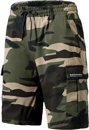 Mens Camo Shorts Lightweight Summer Elastic Drawstring Waist Cargo Pants Loose Hiking Shorts with Multi Pockets
