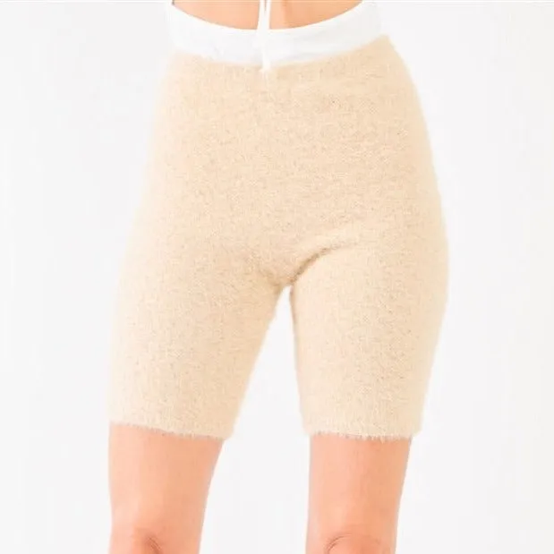 Oatmeal Beige Knit High Waist Stretchy Warm Fuzzy Biker Shorts