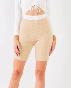 Oatmeal Beige Knit High Waist Stretchy Warm Fuzzy Biker Shorts