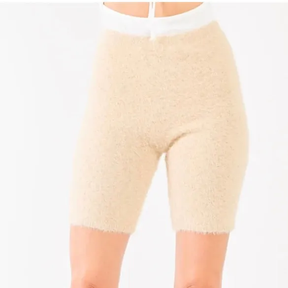 Oatmeal Beige Knit High Waist Stretchy Warm Fuzzy Biker Shorts