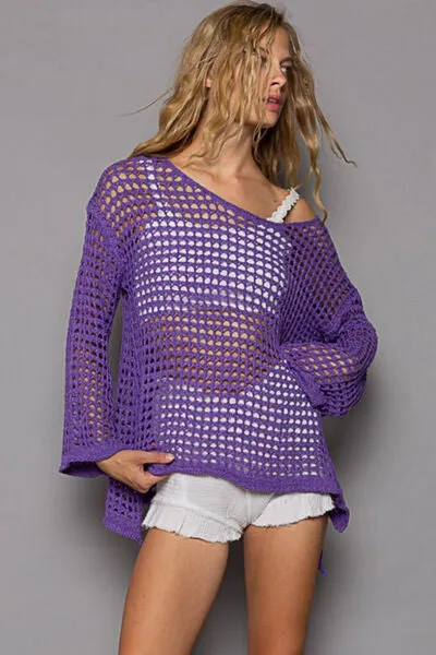 Openwork Flare Sleeve Knit Cover-Up