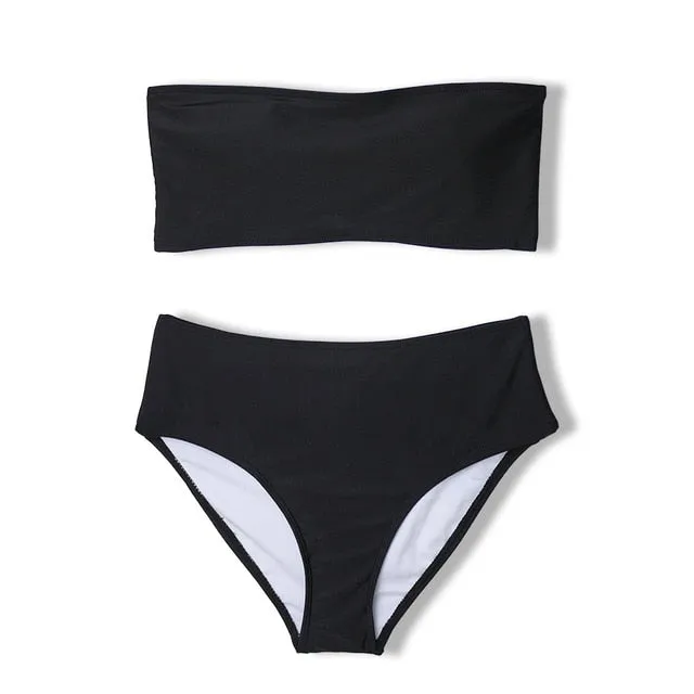 PLAVKY 2021 Retro Sexy Yellow Striped Strapless Bandeau Biquini Cut High Waist Swim Bathing Suit Swimsuit Swimwear Women Bikini