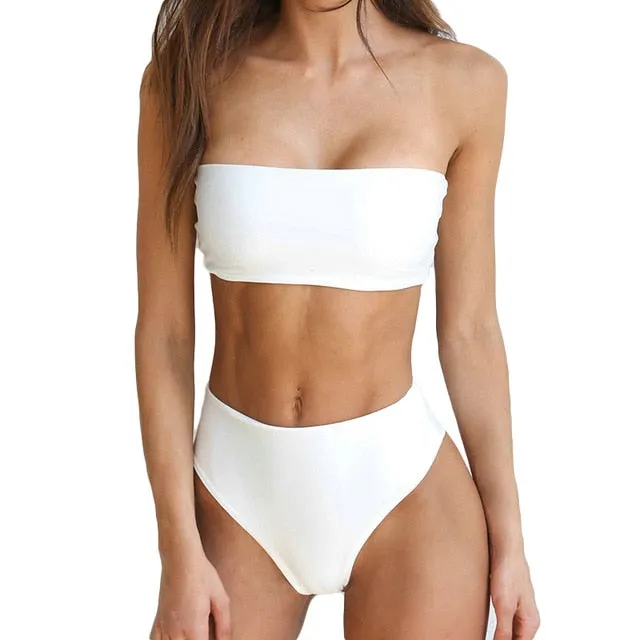PLAVKY 2021 Retro Sexy Yellow Striped Strapless Bandeau Biquini Cut High Waist Swim Bathing Suit Swimsuit Swimwear Women Bikini