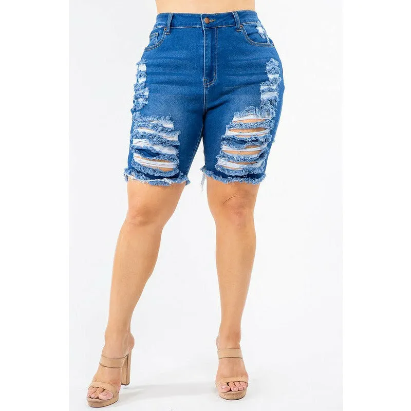 PLUS HIGH WAIST DISTRESSED THIGHS DENIM SHORTS