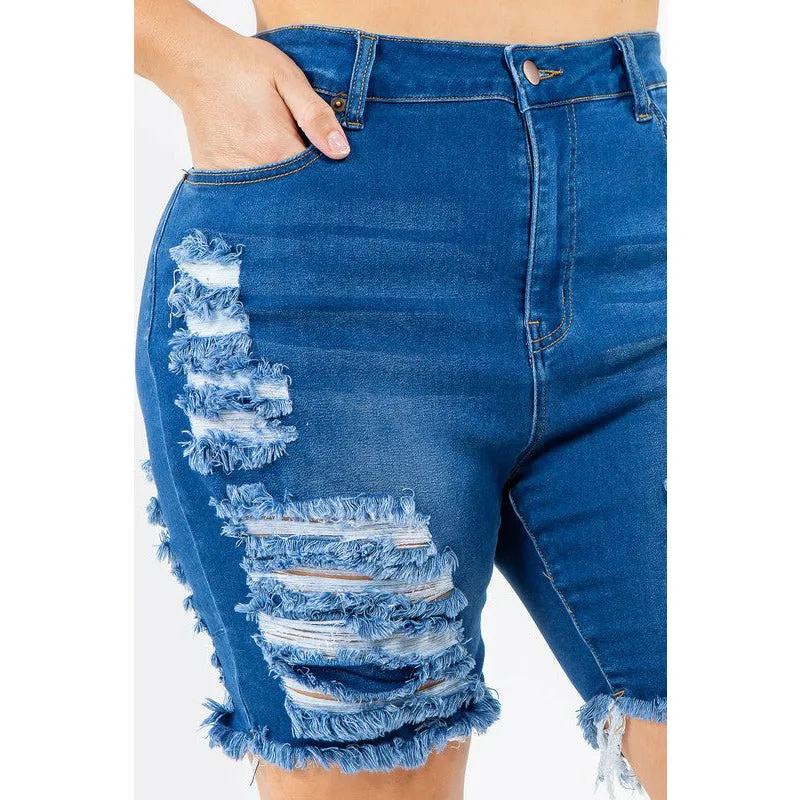 PLUS HIGH WAIST DISTRESSED THIGHS DENIM SHORTS