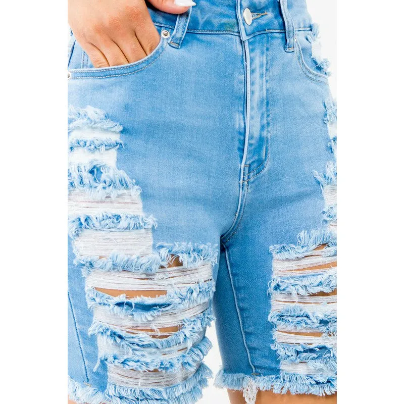 PLUS HIGH WAIST DISTRESSED THIGHS DENIM SHORTS