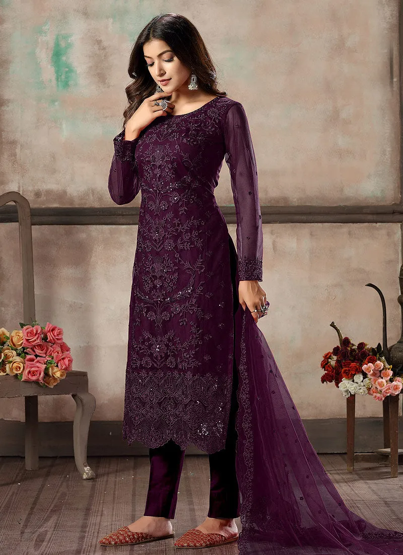 Purple Embroidered Pant Style Suit
