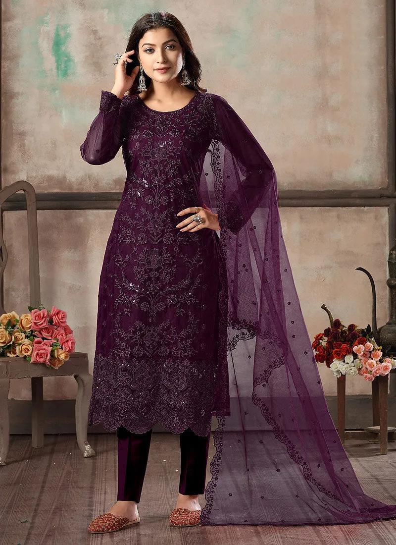 Purple Embroidered Pant Style Suit