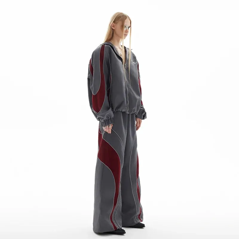Red-Black Contrast Color Patchwork Pants Set