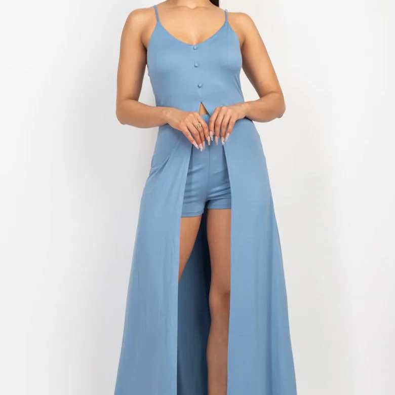 Scoop Buttoned Full Cami Top & Mini Shorts Set