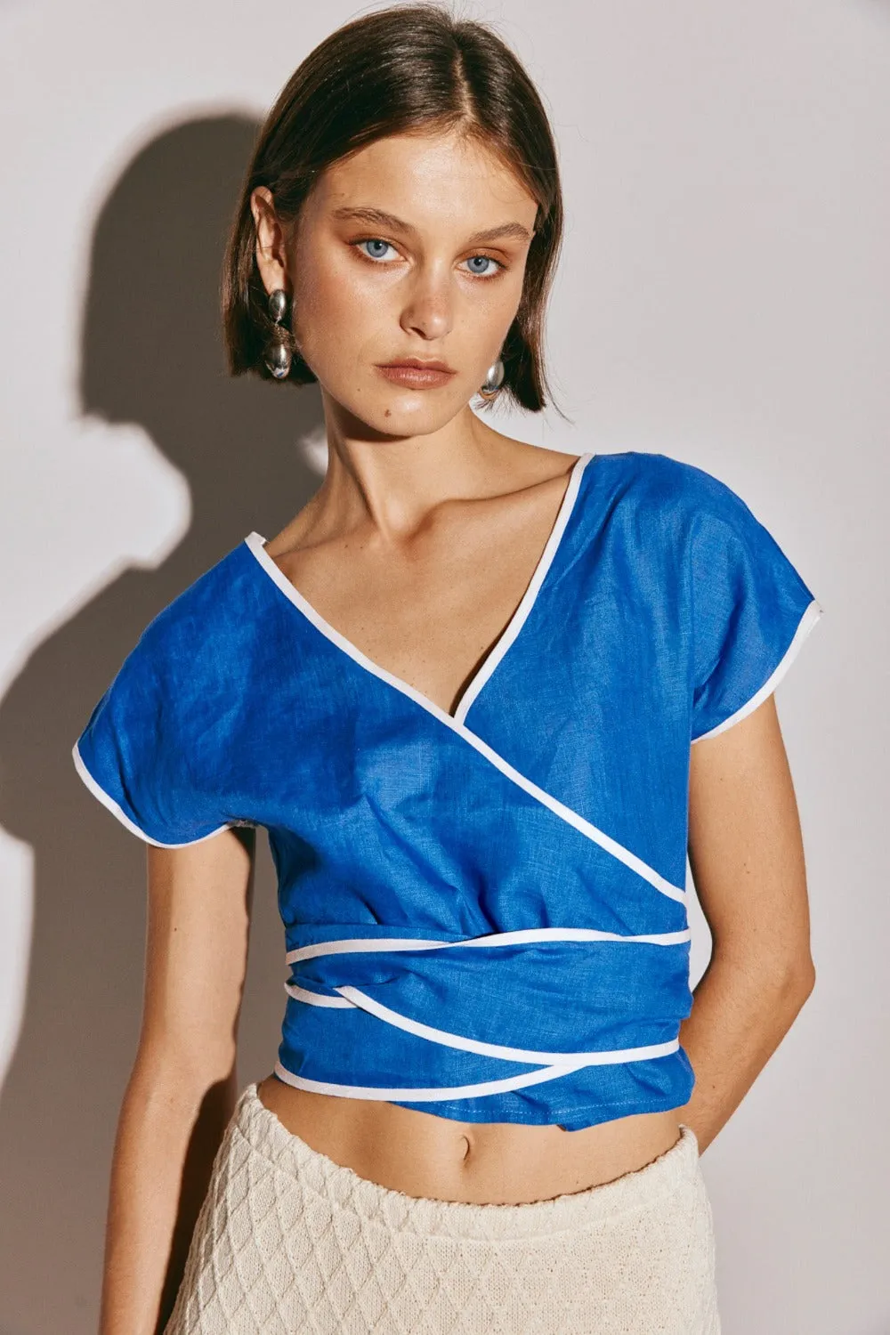 Sea Glass Linen Wrap Top Blue
