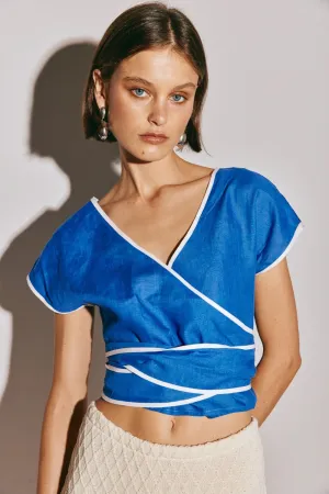 Sea Glass Linen Wrap Top Blue