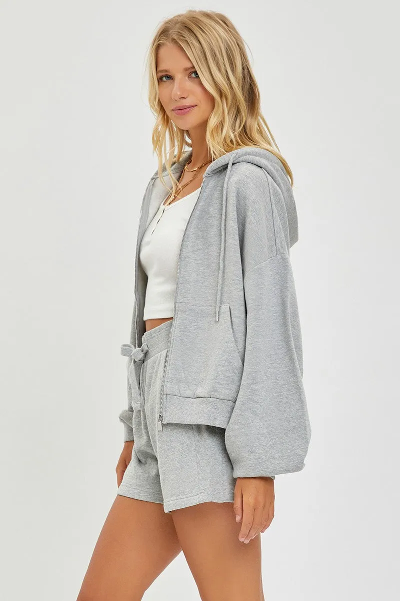 Soft Knit Balloon Sleeve Zip Up Hoodie