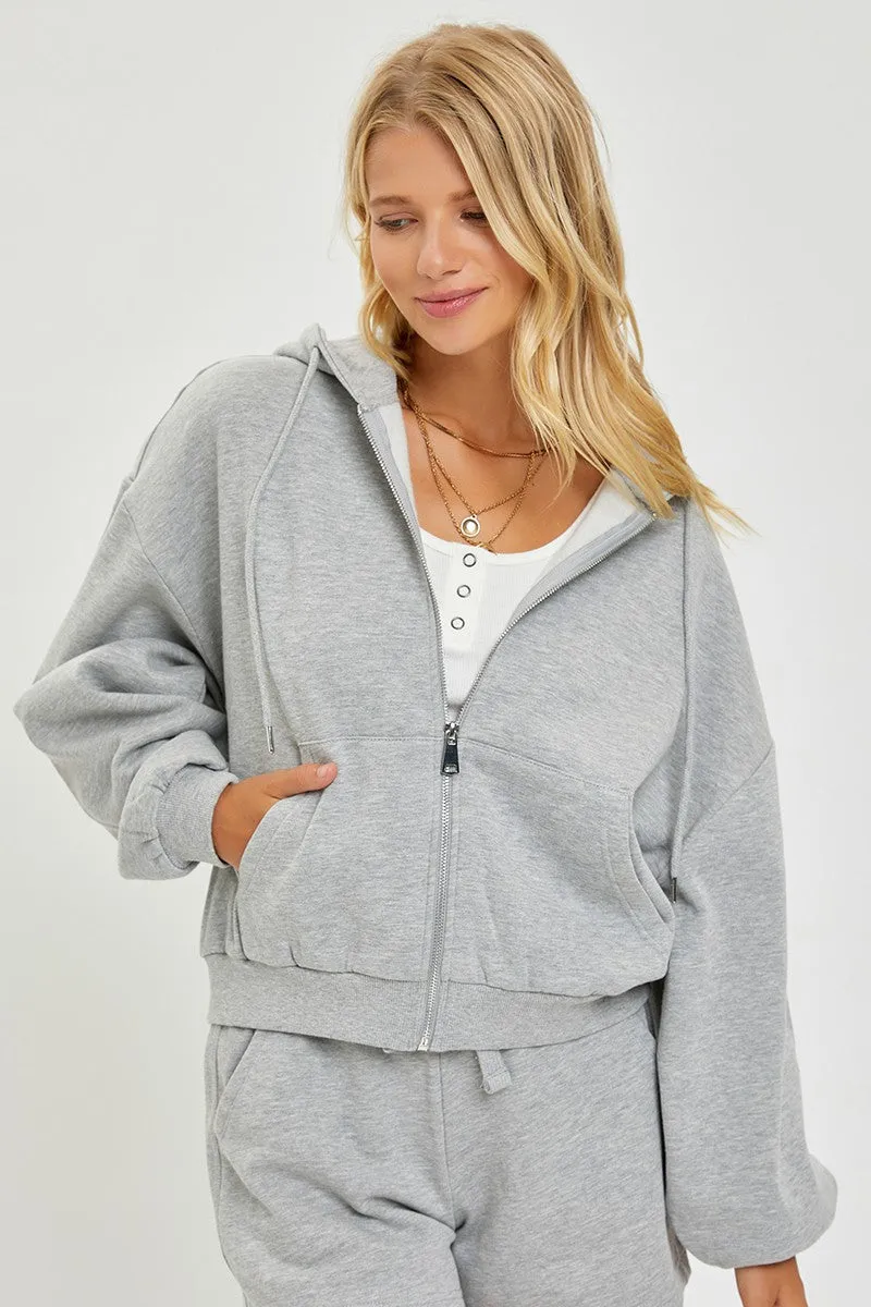 Soft Knit Balloon Sleeve Zip Up Hoodie