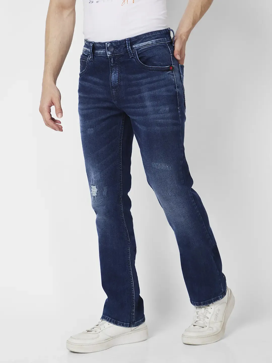 Spykar Men Dark Blue Cotton Comfort Fit Regular Length Mild Distressed Mid Rise Jeans (Rafter)