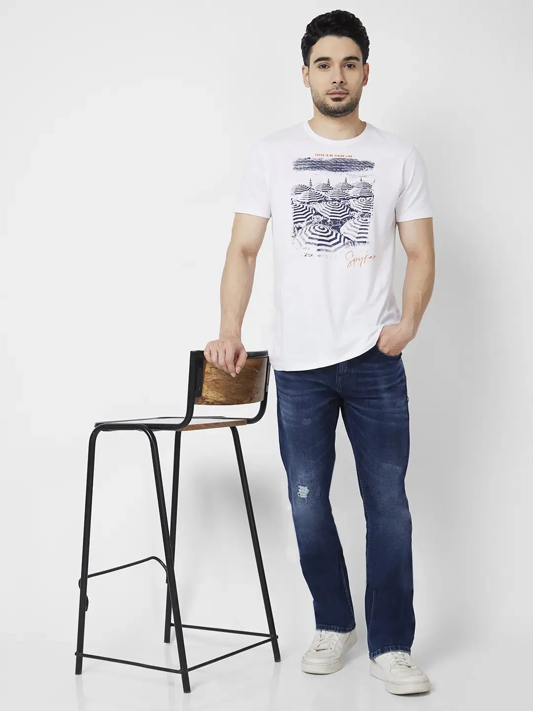 Spykar Men Dark Blue Cotton Comfort Fit Regular Length Mild Distressed Mid Rise Jeans (Rafter)