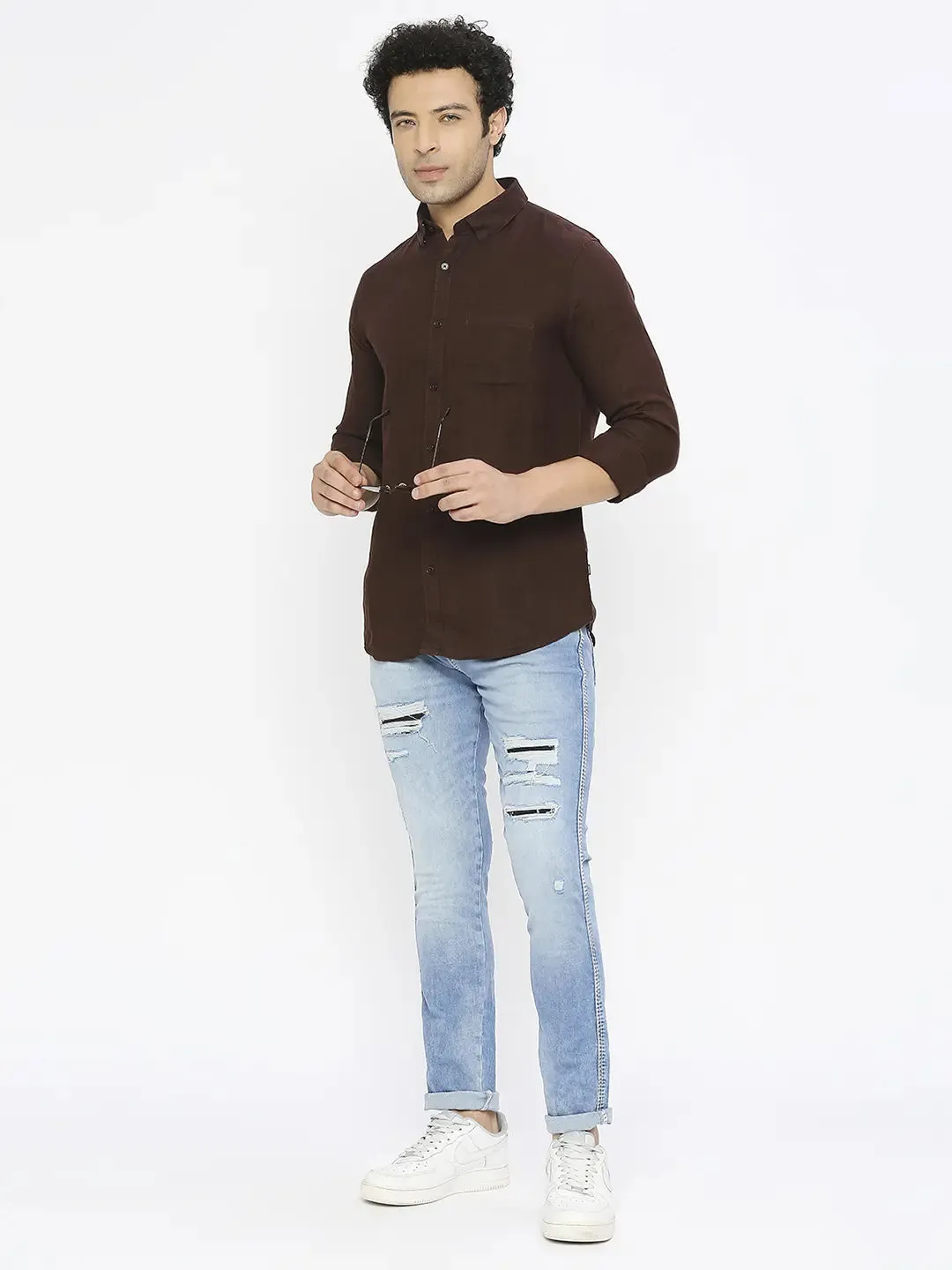 Spykar Men Light Blue Cotton Slim Fit Narrow Length Highly Distressed Low Rise Jeans-(Skinny)
