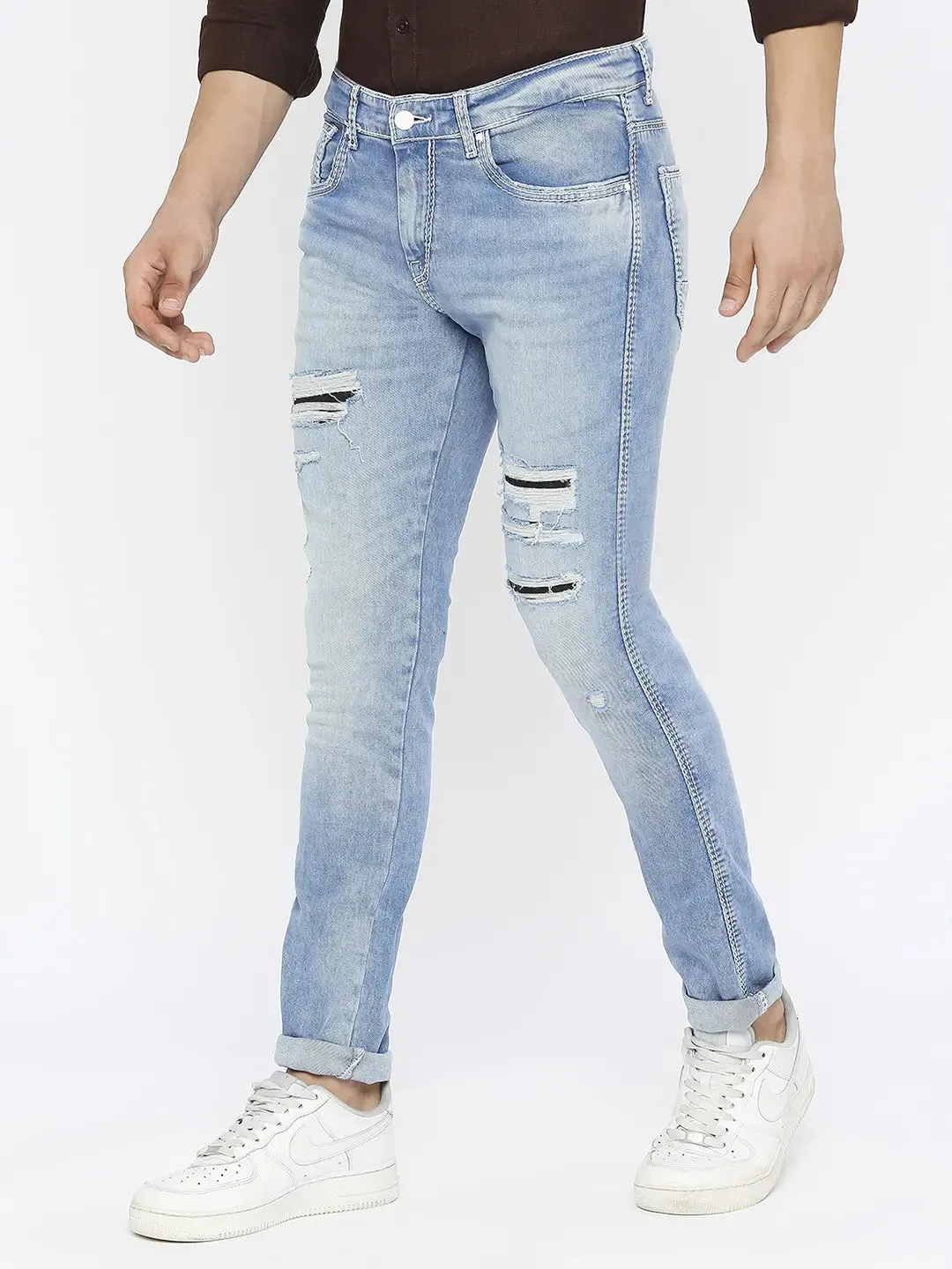 Spykar Men Light Blue Cotton Slim Fit Narrow Length Highly Distressed Low Rise Jeans-(Skinny)