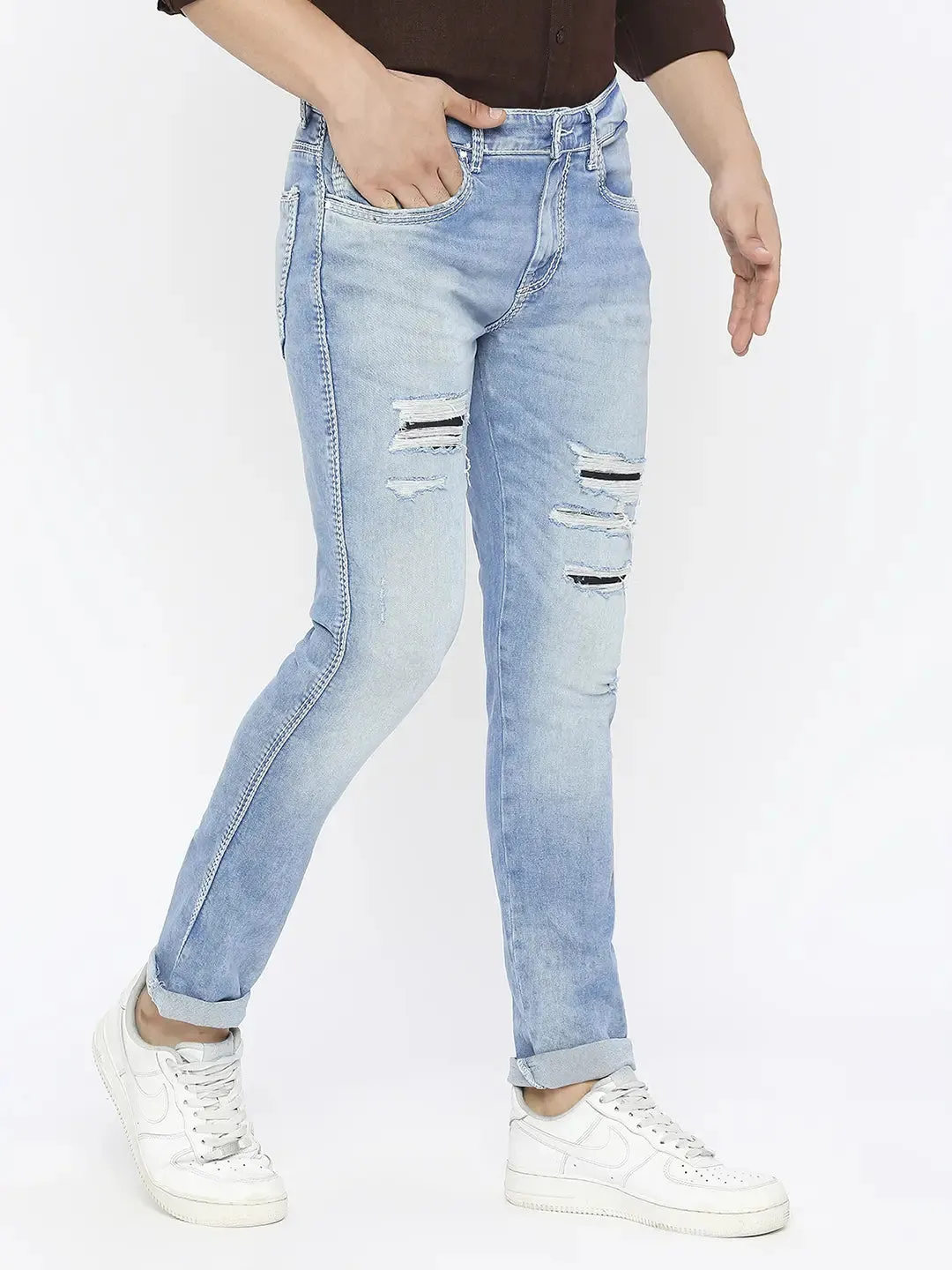 Spykar Men Light Blue Cotton Slim Fit Narrow Length Highly Distressed Low Rise Jeans-(Skinny)