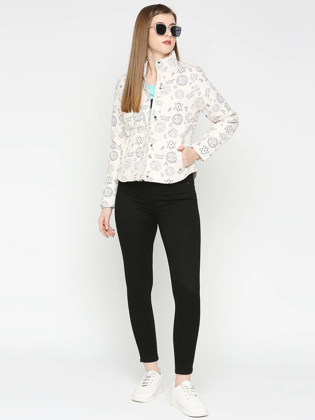 Spykar Women Ecru Nylon High Neck Printed Casual Jacket