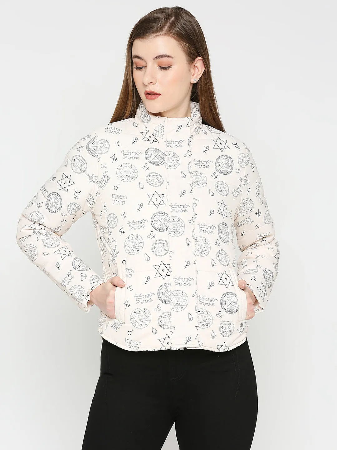Spykar Women Ecru Nylon High Neck Printed Casual Jacket