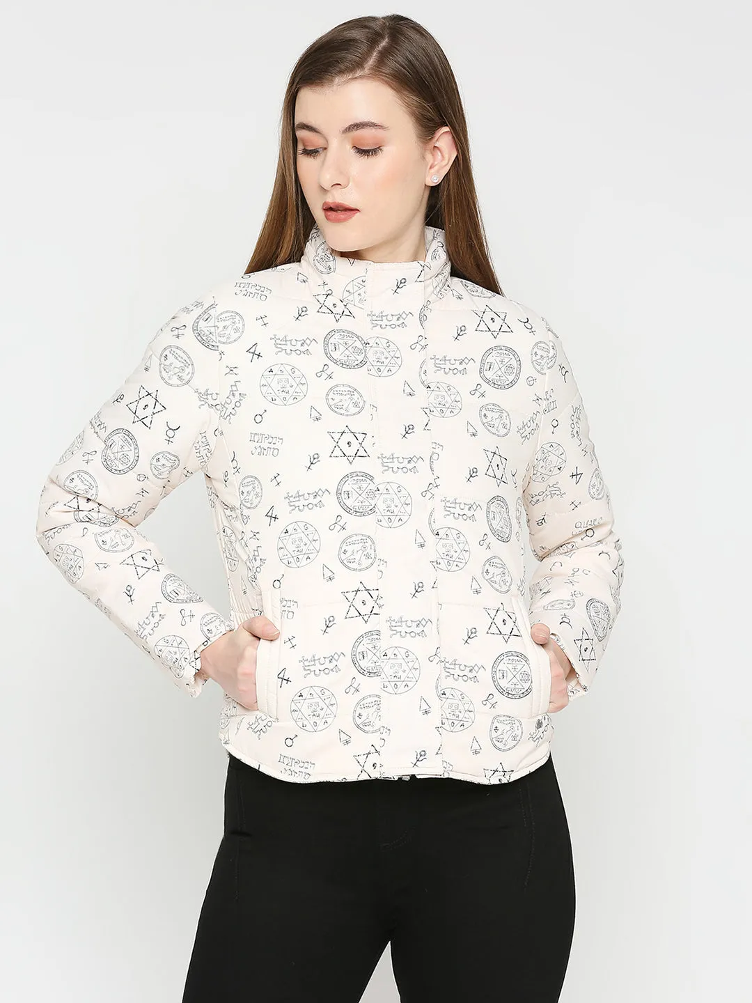 Spykar Women Ecru Nylon High Neck Printed Casual Jacket