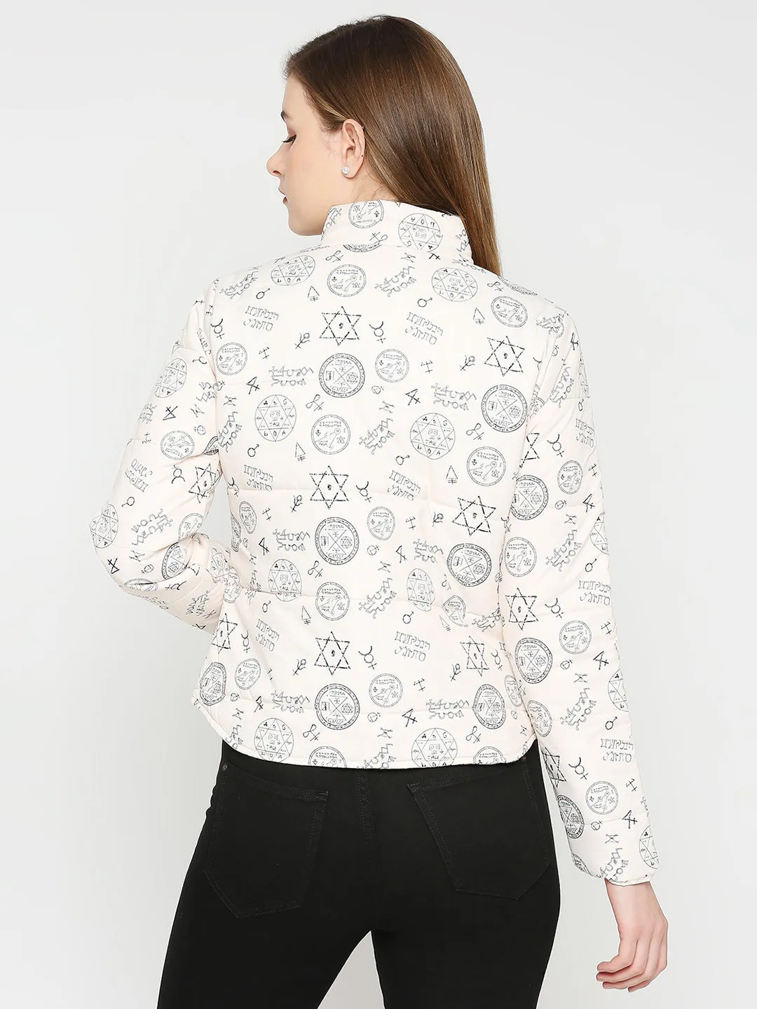 Spykar Women Ecru Nylon High Neck Printed Casual Jacket