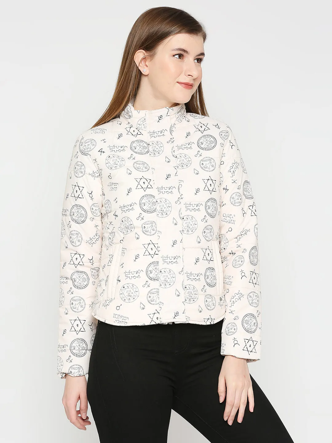 Spykar Women Ecru Nylon High Neck Printed Casual Jacket