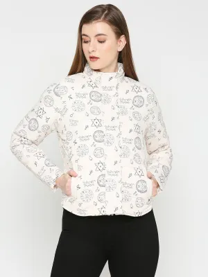 Spykar Women Ecru Nylon High Neck Printed Casual Jacket