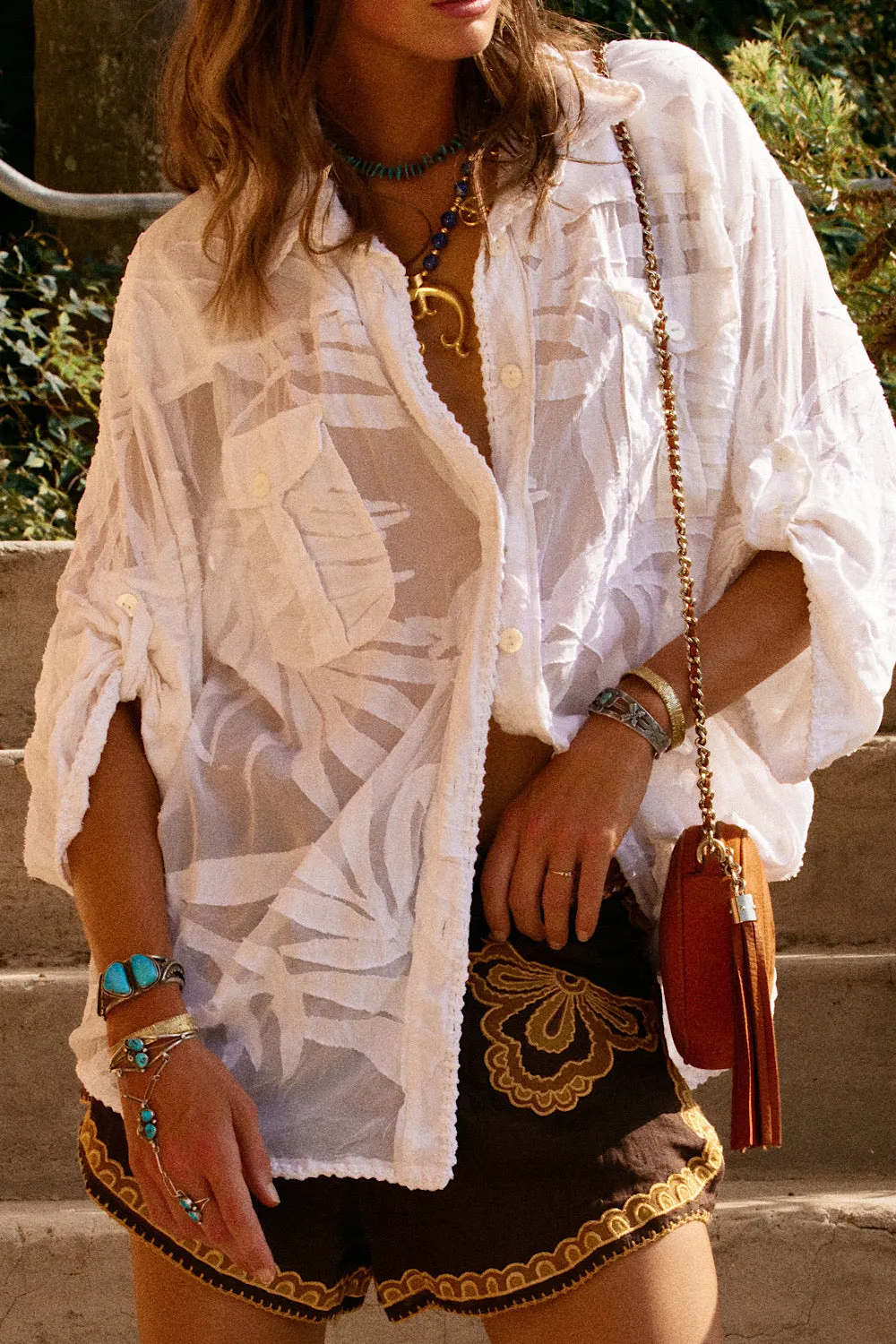 Till The Moon Don’t Shine Silk Burnout Safari Shirt