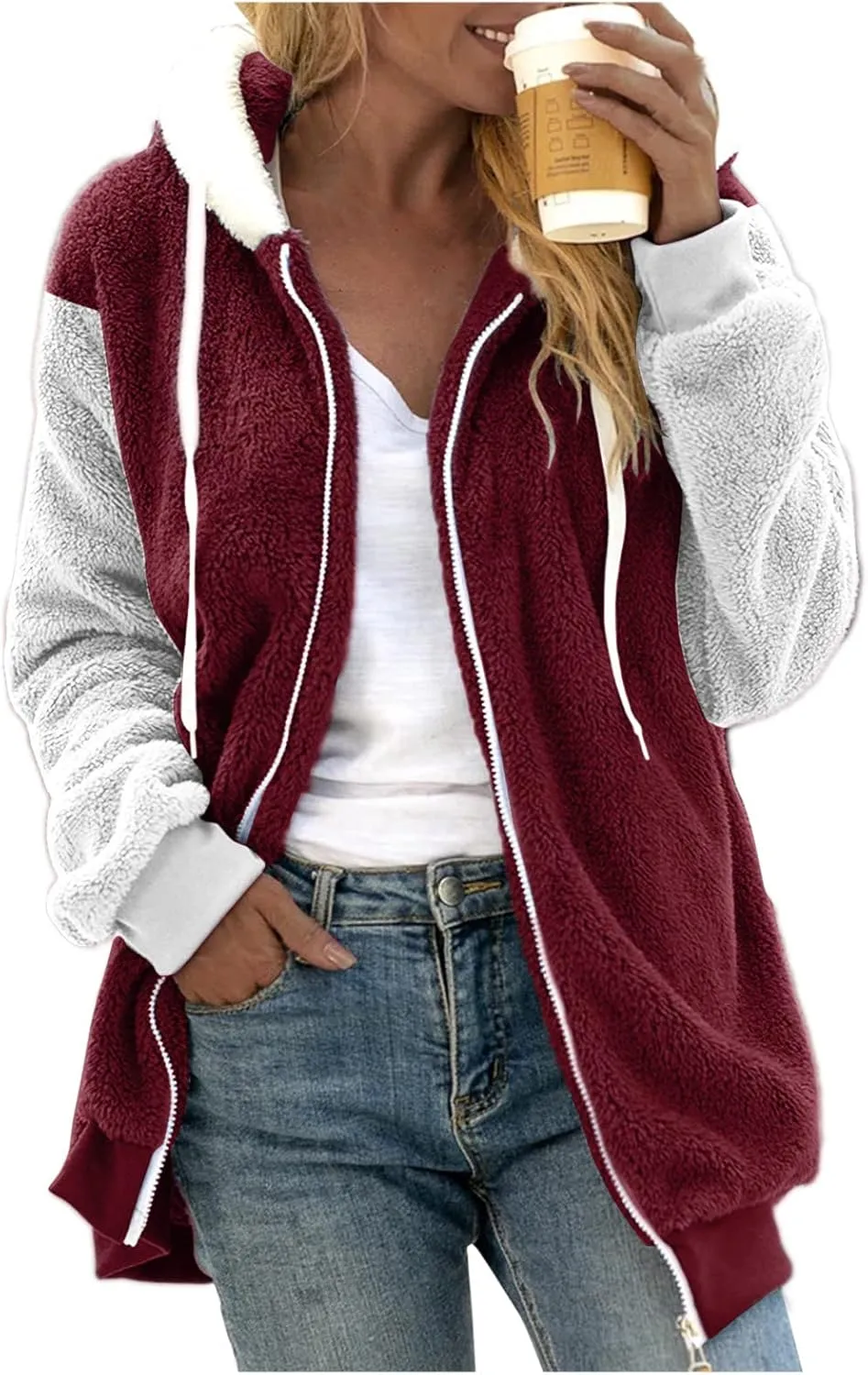 Winter Coat Women With Hood,Womens Oversized Fuzzy Fleece Jacket Full Zip Up Hoodie 2024 Winter Warm Sherpa Jackets