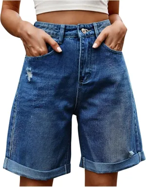 Women's Denim Bermuda Shorts High Waisted Straight Leg Casual Ripped Rolled Hem Jean Shorts with Pockets Streetwear