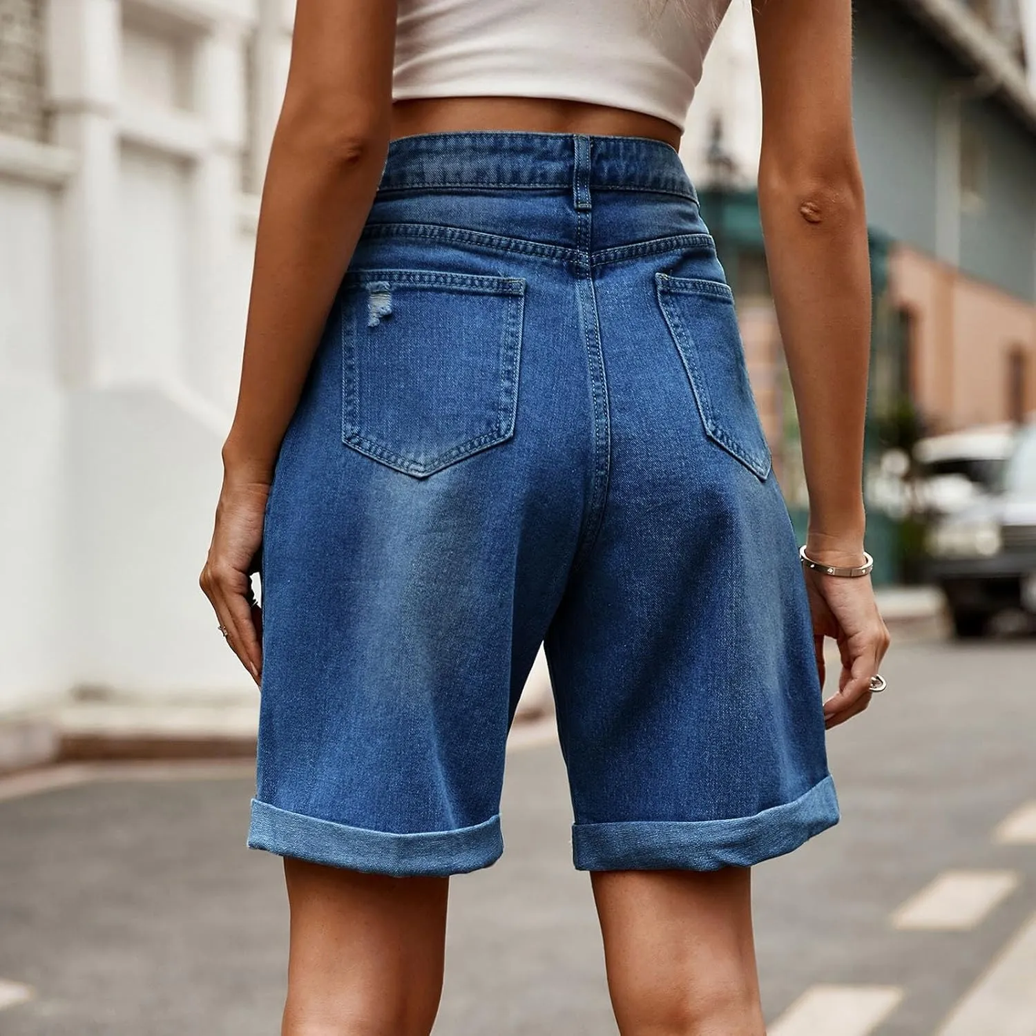Women's Denim Bermuda Shorts High Waisted Straight Leg Casual Ripped Rolled Hem Jean Shorts with Pockets Streetwear