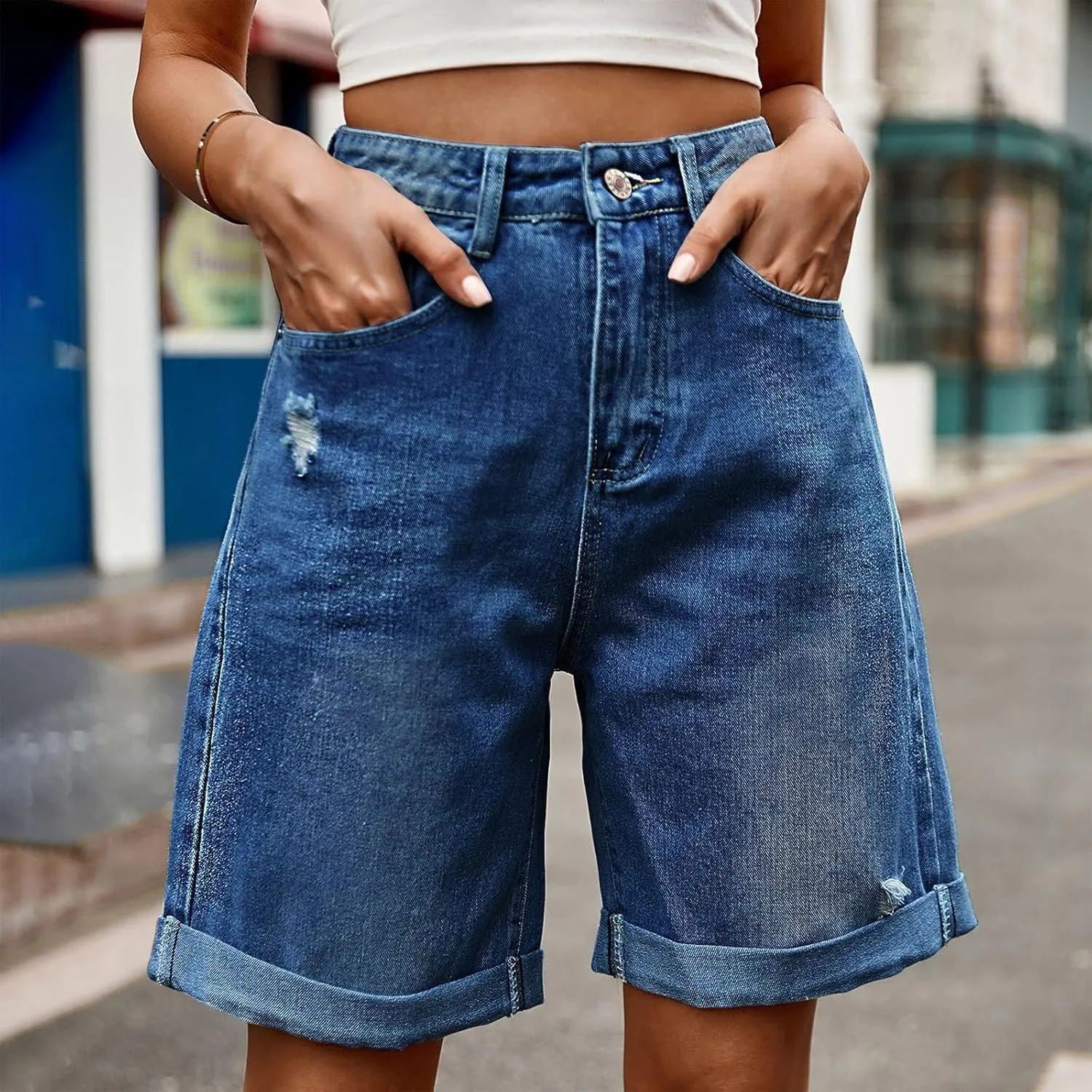 Women's Denim Bermuda Shorts High Waisted Straight Leg Casual Ripped Rolled Hem Jean Shorts with Pockets Streetwear