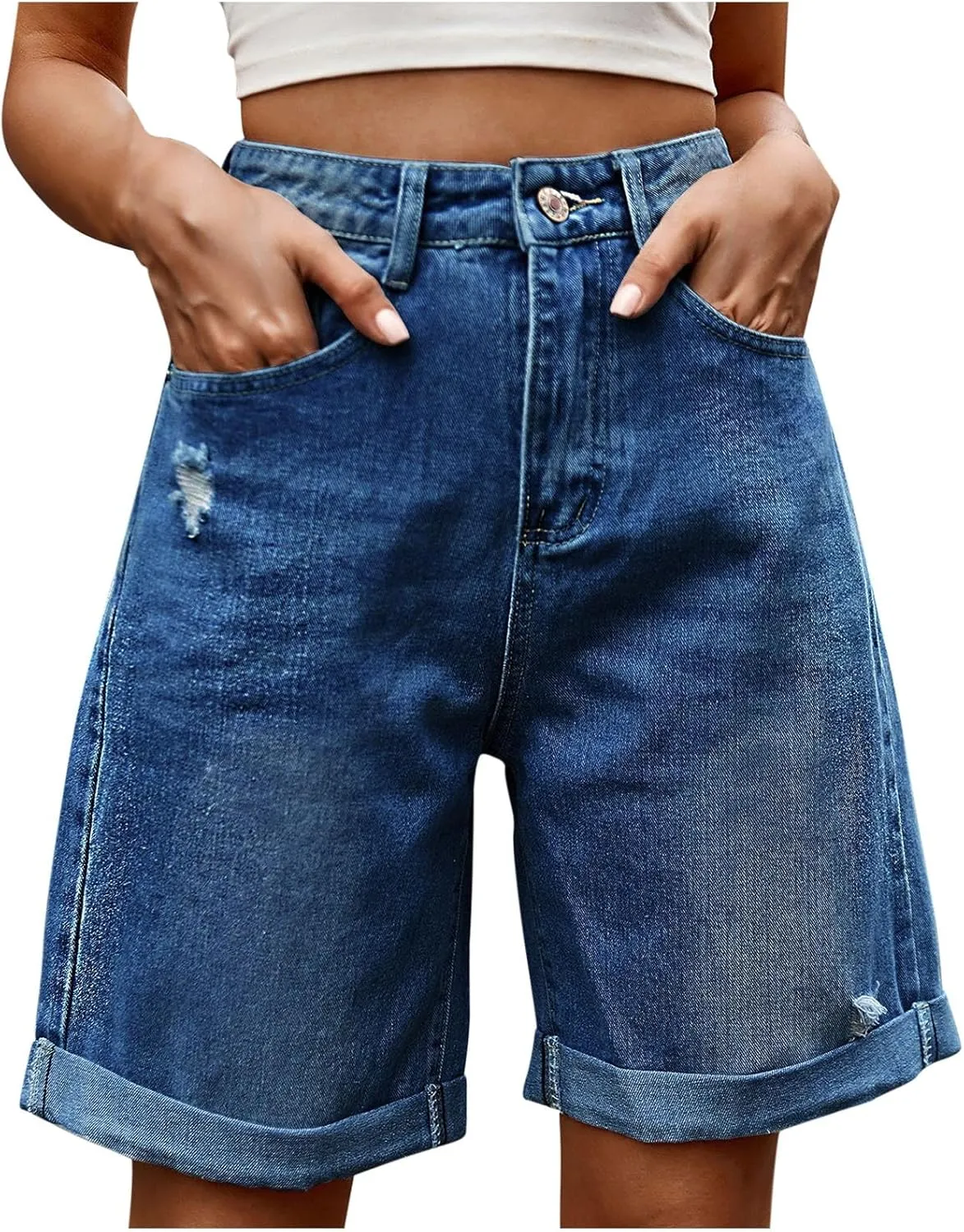 Women's Denim Bermuda Shorts High Waisted Straight Leg Casual Ripped Rolled Hem Jean Shorts with Pockets Streetwear