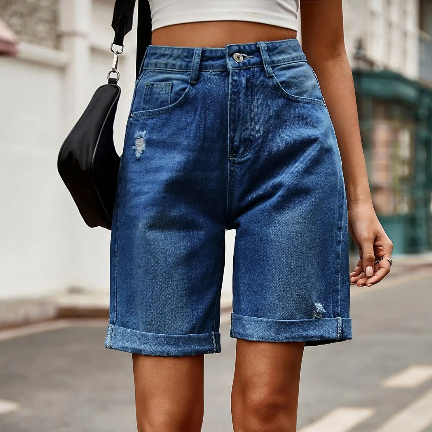 Women's Denim Bermuda Shorts High Waisted Straight Leg Casual Ripped Rolled Hem Jean Shorts with Pockets Streetwear